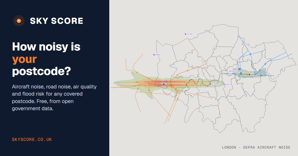 I built a free map that scores any postcode for aircraft noise, air quality and flood risk, using on